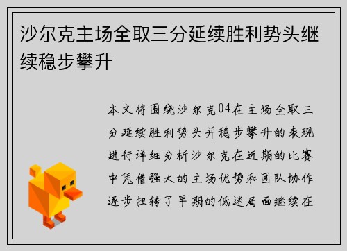 沙尔克主场全取三分延续胜利势头继续稳步攀升