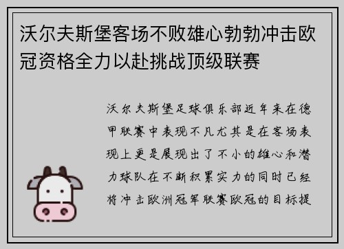 沃尔夫斯堡客场不败雄心勃勃冲击欧冠资格全力以赴挑战顶级联赛