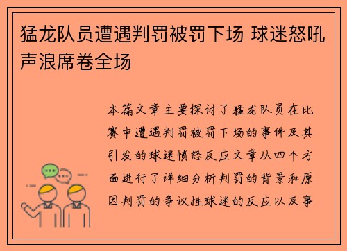 猛龙队员遭遇判罚被罚下场 球迷怒吼声浪席卷全场