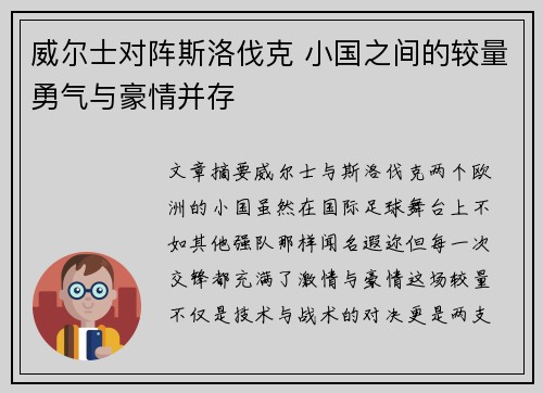 威尔士对阵斯洛伐克 小国之间的较量勇气与豪情并存
