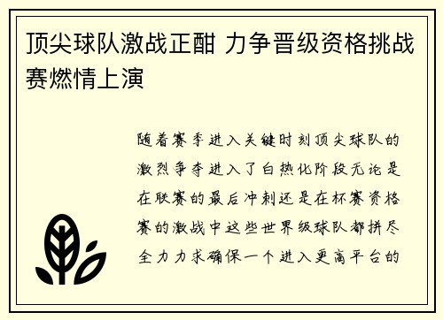 顶尖球队激战正酣 力争晋级资格挑战赛燃情上演