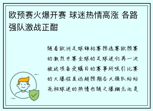 欧预赛火爆开赛 球迷热情高涨 各路强队激战正酣