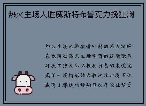 热火主场大胜威斯特布鲁克力挽狂澜