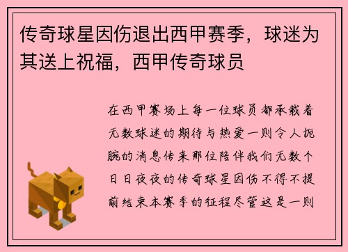 传奇球星因伤退出西甲赛季，球迷为其送上祝福，西甲传奇球员