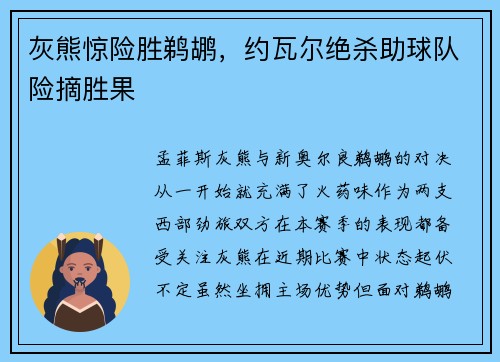 灰熊惊险胜鹈鹕，约瓦尔绝杀助球队险摘胜果