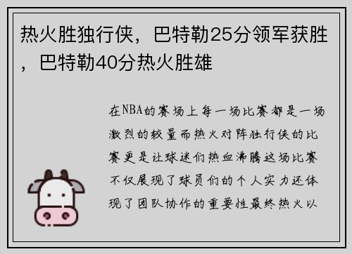 热火胜独行侠，巴特勒25分领军获胜，巴特勒40分热火胜雄