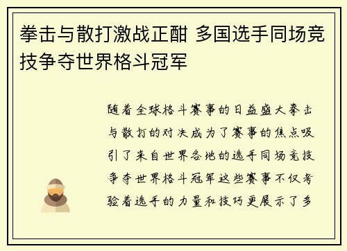 拳击与散打激战正酣 多国选手同场竞技争夺世界格斗冠军