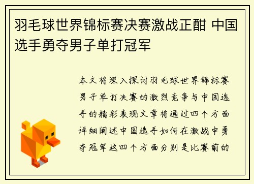 羽毛球世界锦标赛决赛激战正酣 中国选手勇夺男子单打冠军